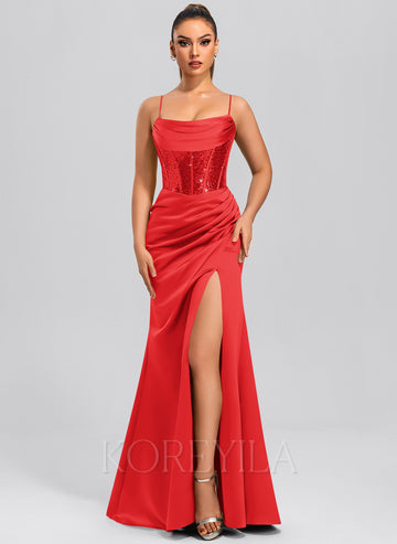 Sheath/Column Cowl Floor-Length Sequin Satin Maxi Dresses With Sequins